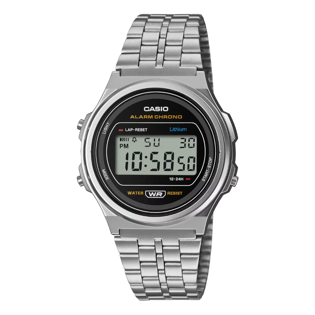 Casio Silver Stainless Steel Black Dial Quartz Watch for Gents - A171WE-1ADF(AG)