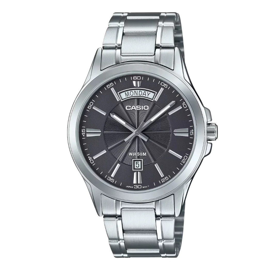 Casio Silver Stainless Steel Black Dial Quartz Watch for Gents - CASIO MTP-1381D-8AVDF