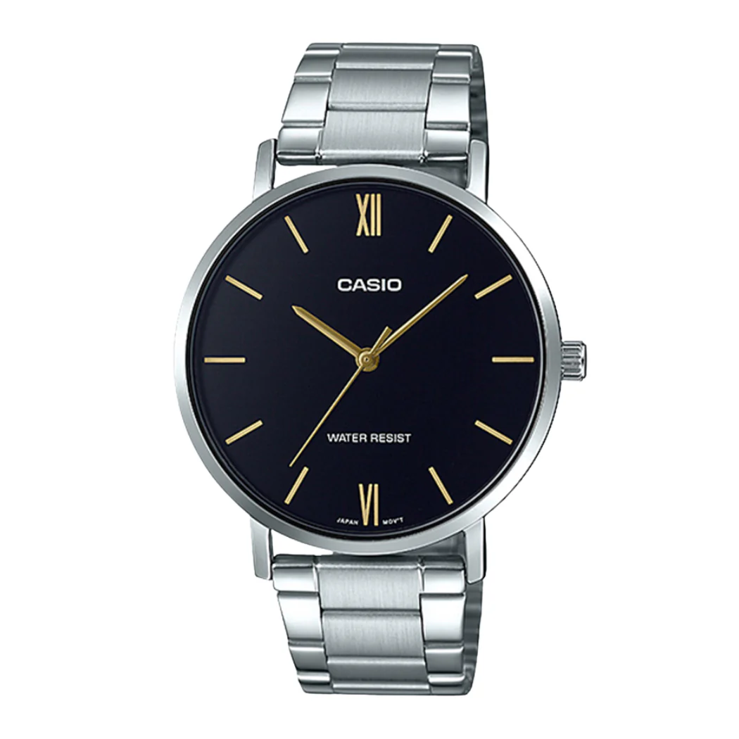 Casio Silver Stainless Steel Black Dial Quartz Watch for Gents - CASIO MTP-VTO1D-1BUDF