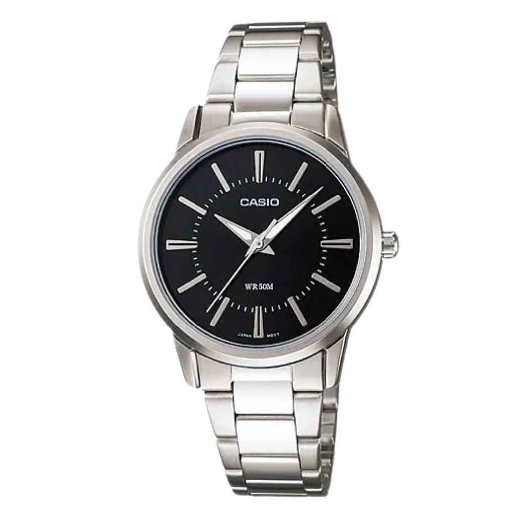 Casio Silver Stainless Steel Black Dial Quartz Watch for Ladies - LTP-1303D-1AVDF