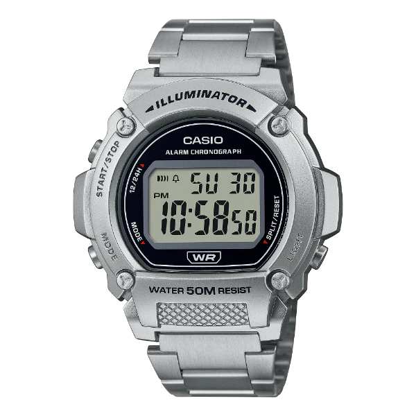 Casio Silver Stainless Steel Black Dial Quartz Watch for Gents - W-219HD-1AVDF