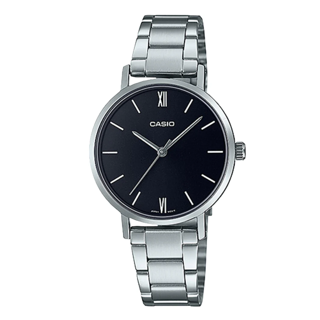 Casio Silver Stainless Steel Black Dial Quartz Watch for Ladies - LTP-VT02D-1AUDF