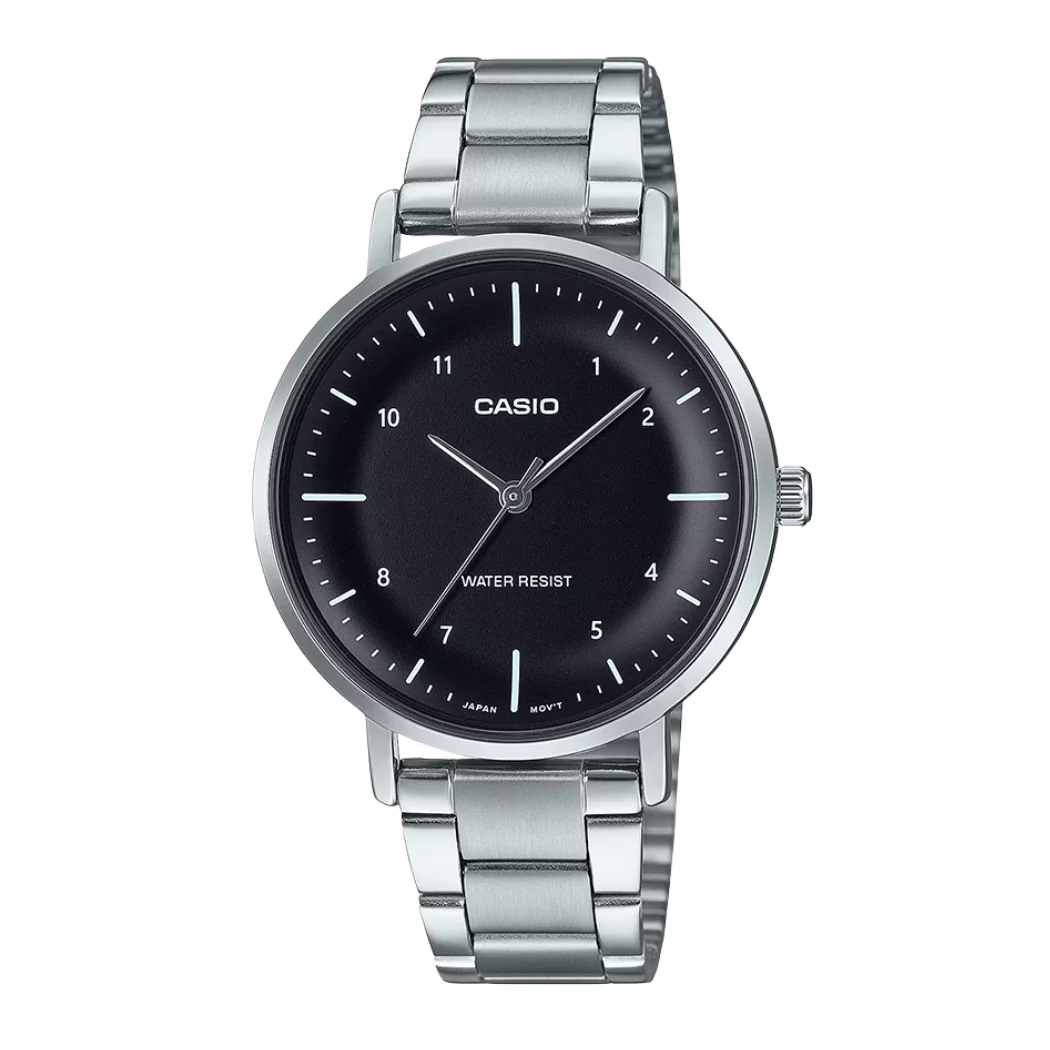 Casio Silver Stainless Steel Black Dial Quartz Watch for Ladies - LTP-VT03D-1BDF