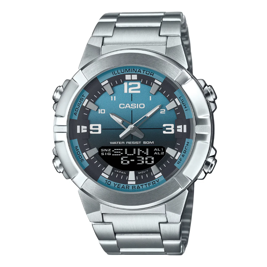 Casio Silver Stainless Steel Blue Dial Quartz Watch for Gents - AMW-870DA-2A2VDF