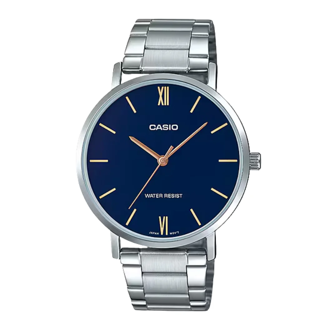 Casio Silver Stainless Steel Blue Dial Quartz Watch for Gents - CASIO MTP-VTO1D-2BUDF