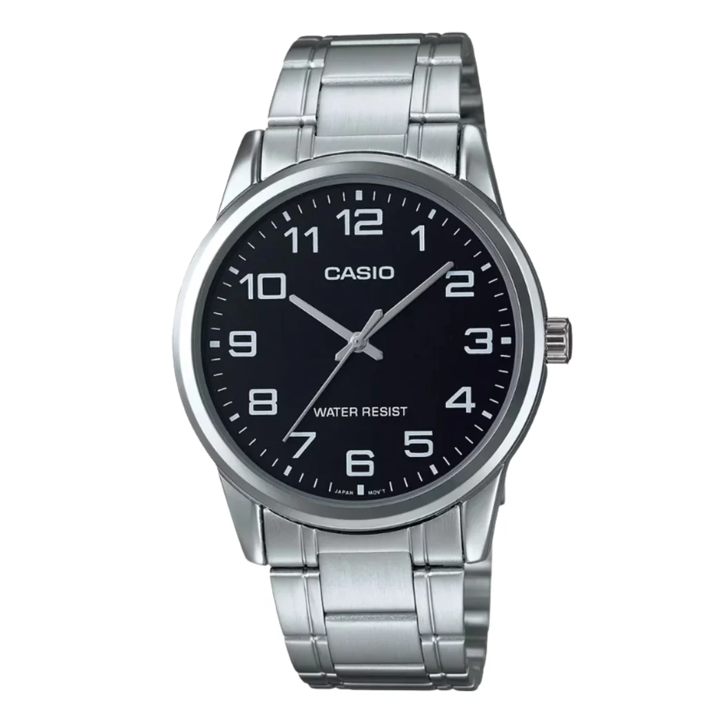 Casio Silver Stainless Steel Black Dial Analog Quartz Watch for Men – MTP-V001D-1BUDF