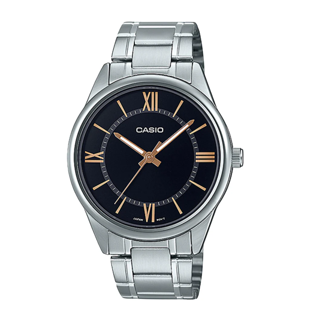 Casio Silver Stainless Steel Bracelet Black Analog Quartz Watch for Men – MTP-V005D-1B5UDF
