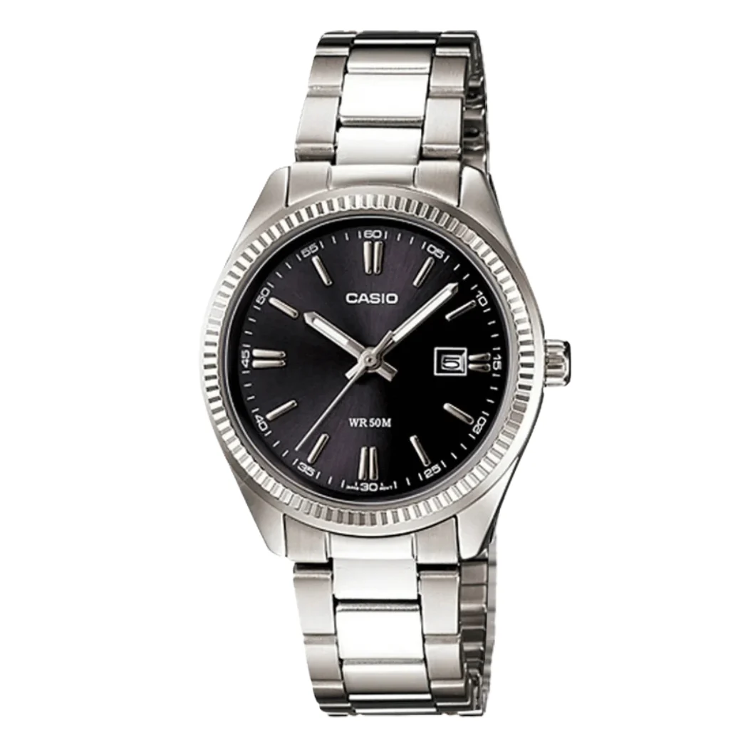 Casio Silver Stainless Steel Black Dial Analog Quartz Watch for Women – LTP-1302D-1A1VDF