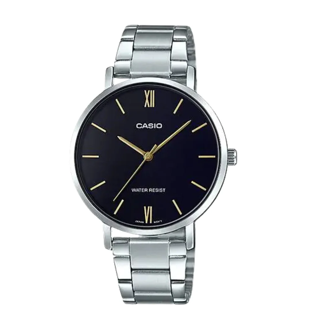 Casio Silver Stainless Steel Bracelet Black Analog Quartz Watch for Women – LTP-VT01D-1BUDF (AG)