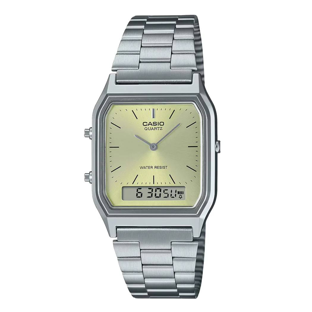 Casio Silver Stainless Steel Green Dial Quartz Watch for Gents - AQ-230A-9A-MQYDF