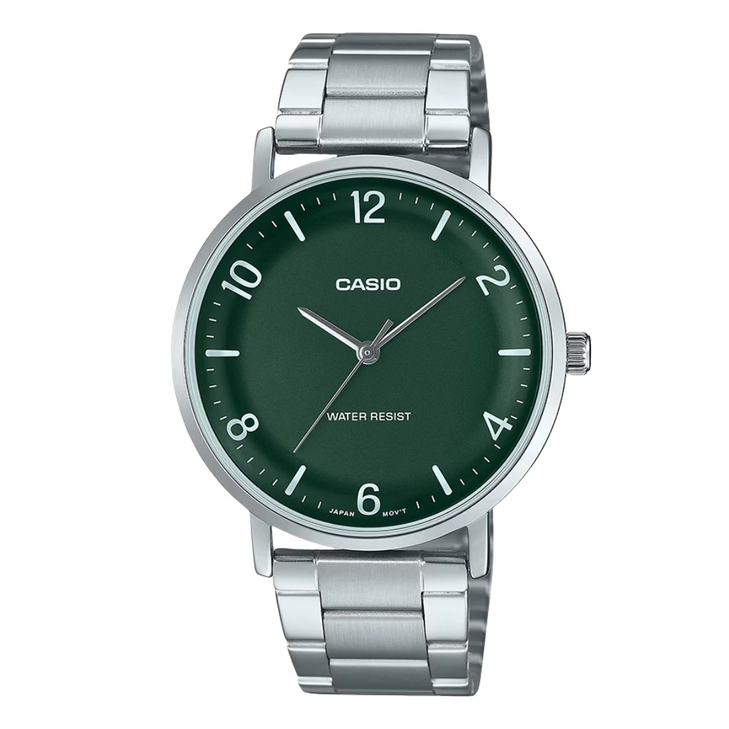 Casio Silver Stainless Steel Green Dial Quartz Watch for Gents - CASIO MTP-VT03D-3BDF