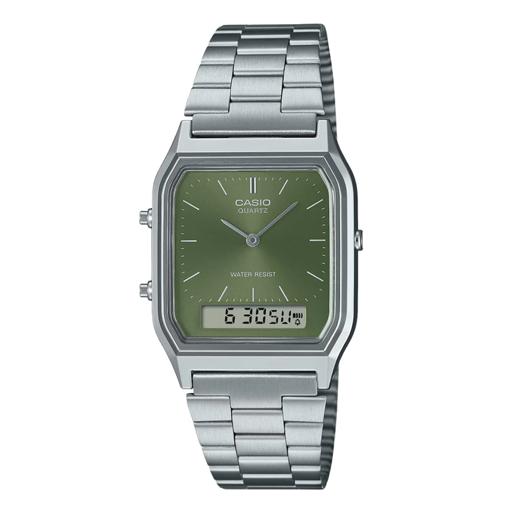 Casio Silver Stainless Steel Green Dial Quartz Watch for Ladies - AQ-230A-3AMQYDF
