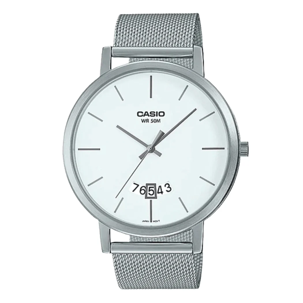 Casio Silver Stainless Steel Mesh Bracelet White Dial Analog Quartz Watch for Men – MTP-B100M-7EVDF