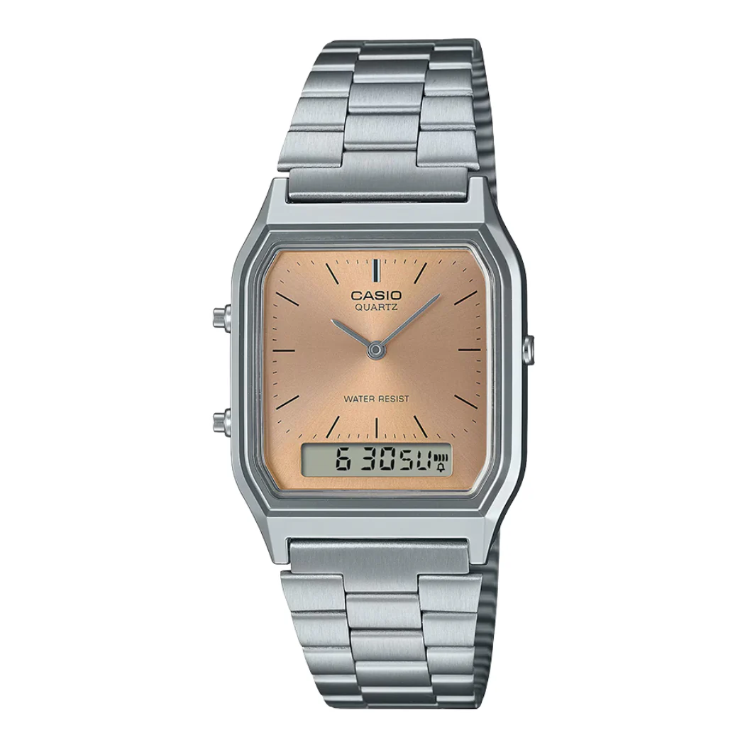 Casio Silver Stainless Steel Peach Dial Quartz Watch for Ladies - AQ-230A-4AMQYDF