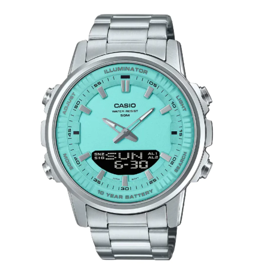 Casio Silver Stainless Steel Tiffany Blue Dial Quartz Watch for Gents - AMW-880D-2A2VDF