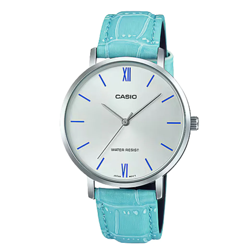 Casio Sky Blue Leather Strap Silver Dial Quartz Watch for Ladies - LTP-VT01L-7B3UDF