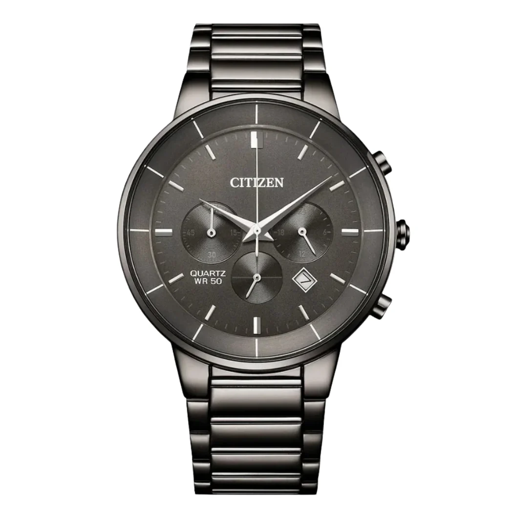 Citizen Black Ion-Plated Stainless Steel Bracelet Grey Analog Chronograph Quartz Watch for Men – AN8227-53H