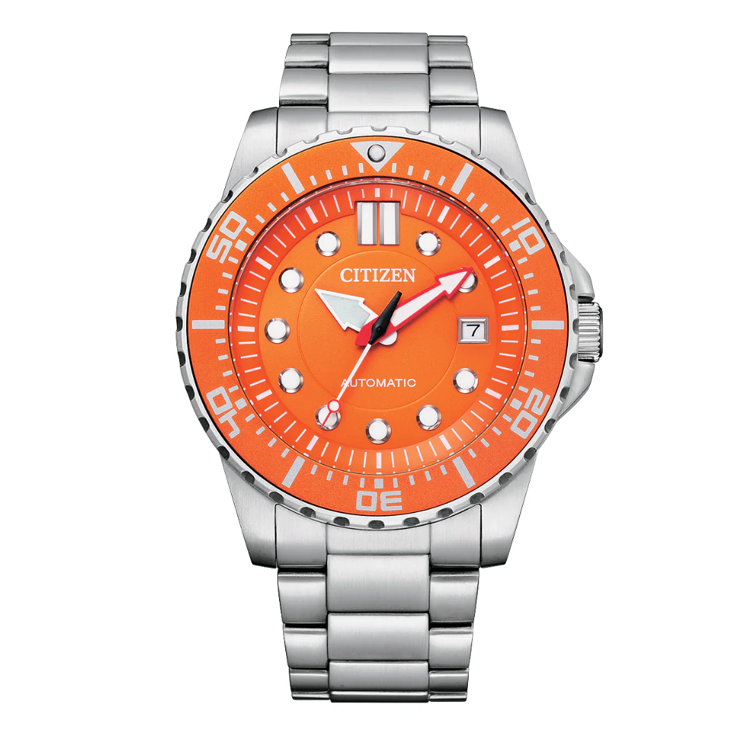 Citizen Mechanical Silver Stainless Steel Orange Dial Automatic Watch for Gents - NJ0128-80X