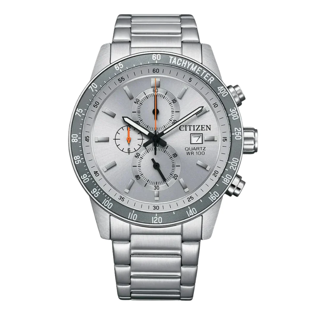 Citizen Silver Stainless Steel Bracelet Amber Analog Chronograph Quartz Watch for Men – AN3688-58H