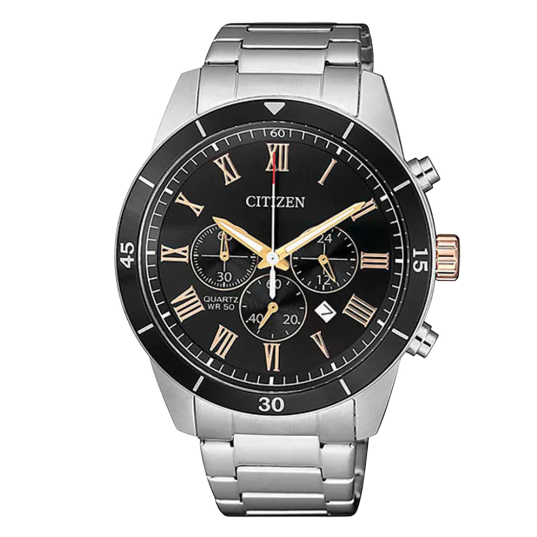 Citizen Silver Stainless Steel Bracelet Black Analog Chronograph Quartz Watch for Men – AN8168-51H