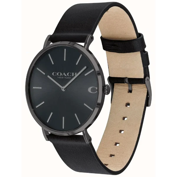 Coach Charles Black Leather Strap Black Dial Quartz Watch for Gents - 14602434 - Image 2