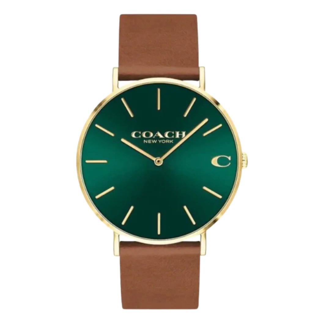 Coach Charles Brown Leather Strap Green Dial Quartz Watch for Gents - 14602435