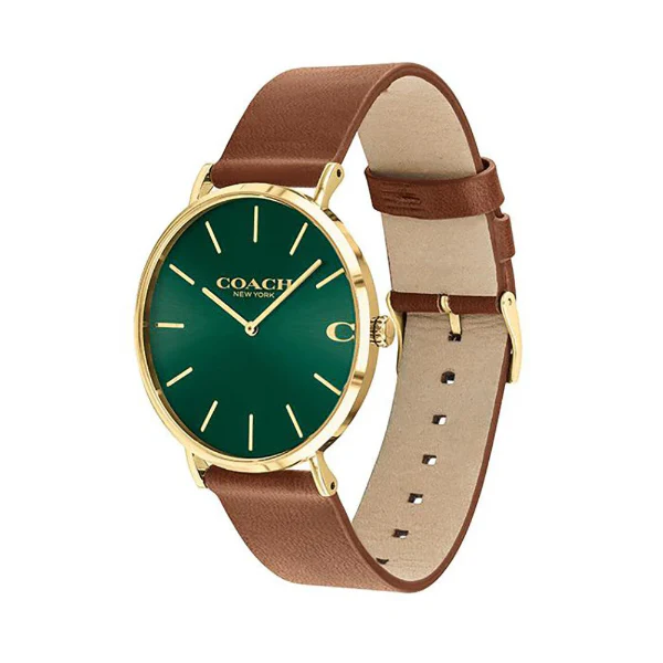 Coach Charles Brown Leather Strap Green Dial Quartz Watch for Gents - 14602435 - Image 2