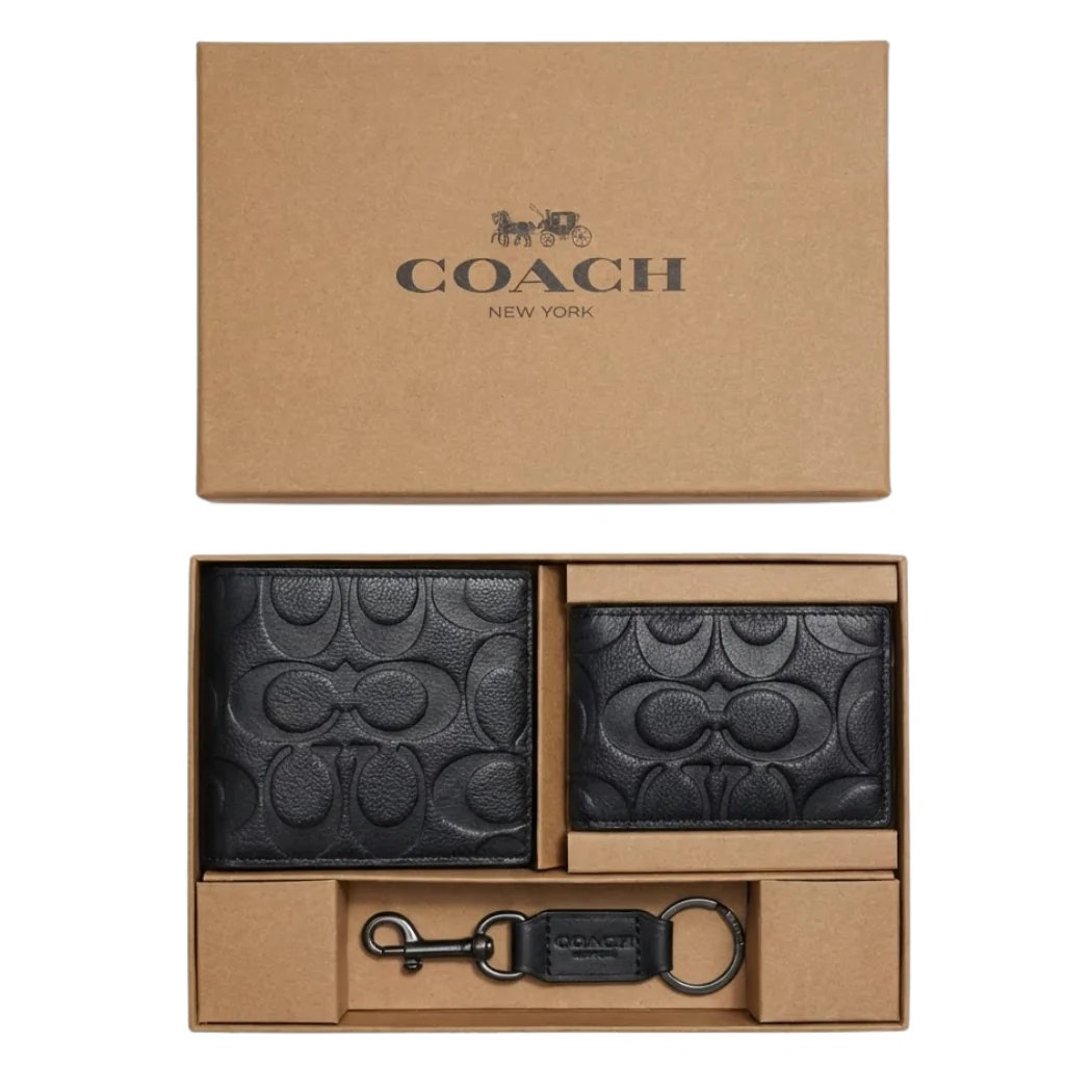 Coach Compact 3-in-1 Wallet Set in Engraved Leather Black – F74992