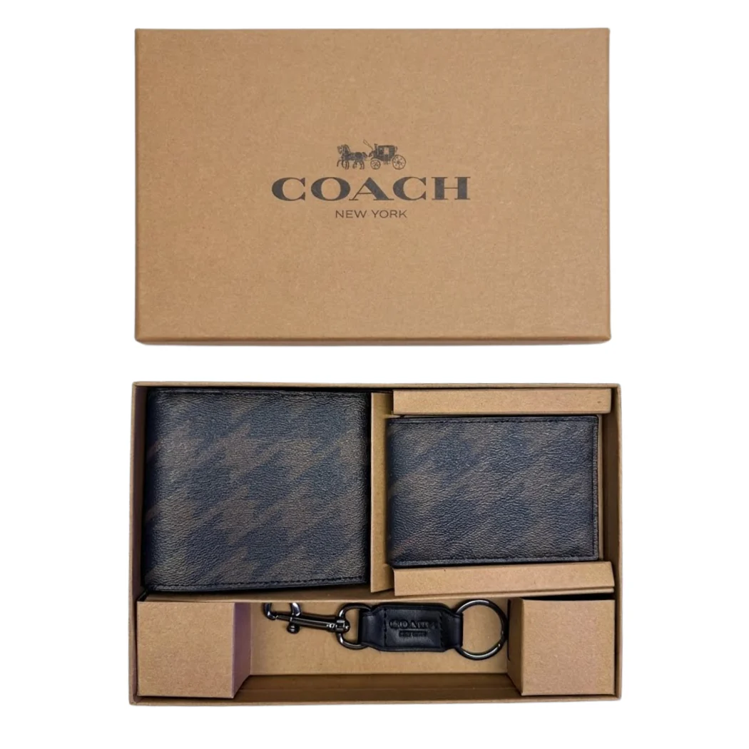 Coach Compact 3-in-1 Wallet Set in Houndstooth Print Brown – F37885