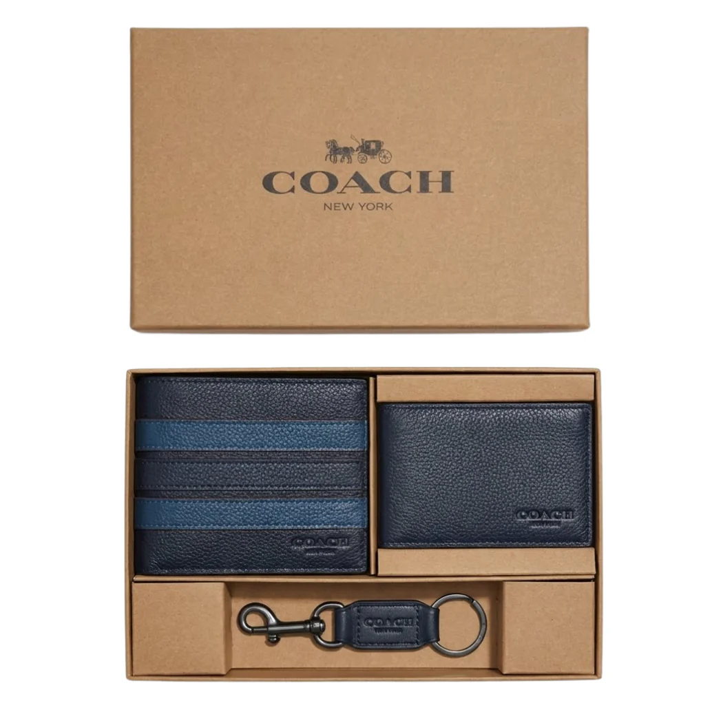 Coach Compact 3-in-1 Wallet Set in V-Stripe Midnight Navy – F24649
