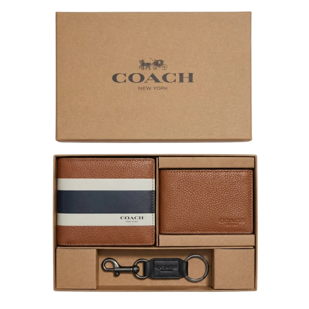 Coach Compact 3-in-1 Wallet Set in V-Stripe Print Brown – F75086