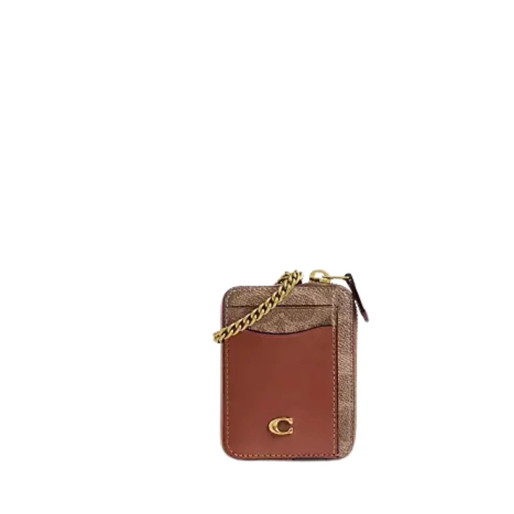 Coach Essential Chain Card Case In Signature Canvas Khaki Brown - CAO37
