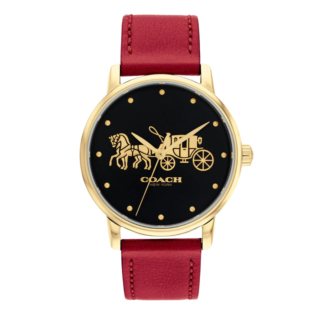 Coach Grand Red Leather Strap Black Dial Quartz Watch for Ladies - 14503848