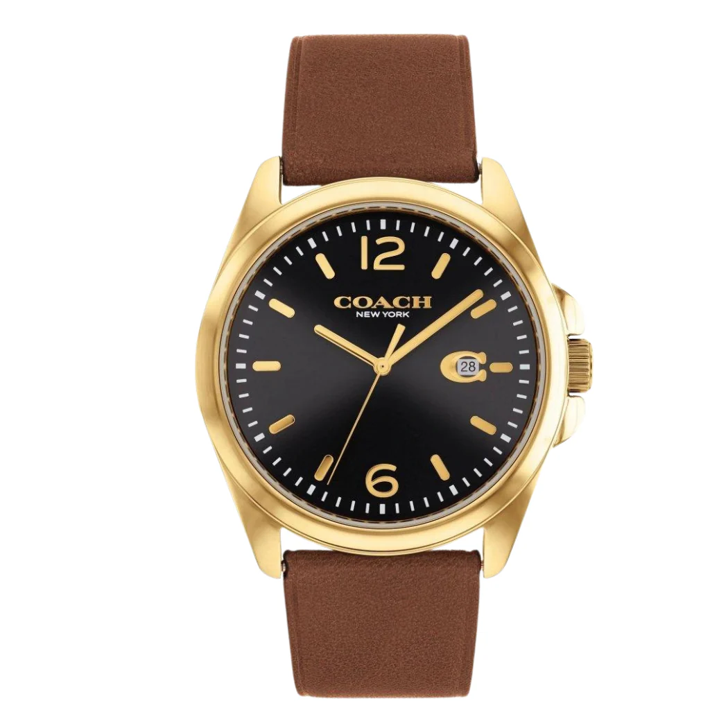 Coach Greyson Brown Leather Strap Black Dial Quartz Watch for Gents - 14602586