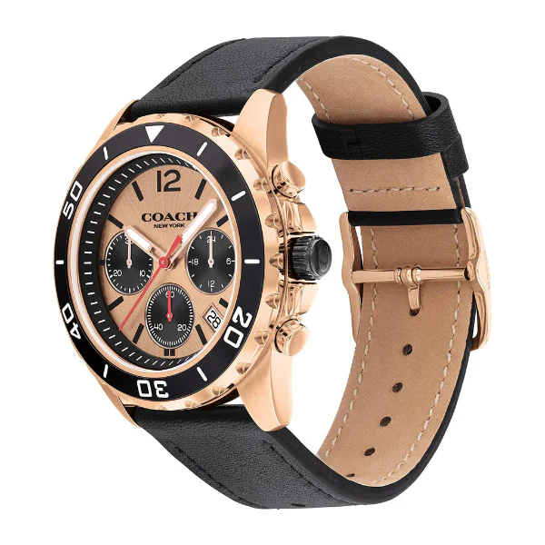 Coach Kent Black Leather Strap Rose Gold Dial Chronograph Quartz Watch for Gents - 14602559 - Image 2