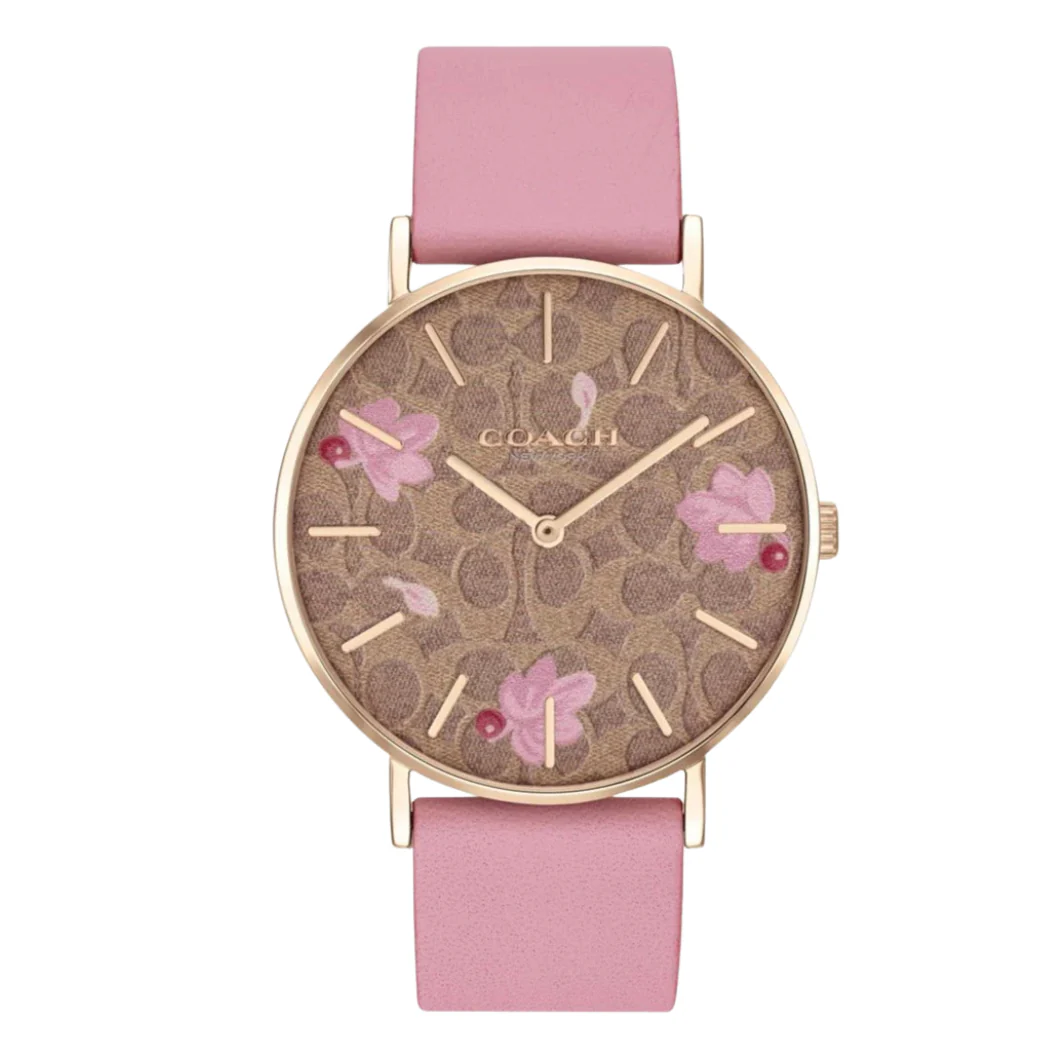 Coach Pink Leather Strap Fawn (Floral Motif) Dial Quartz Watch for Ladies - 14503442
