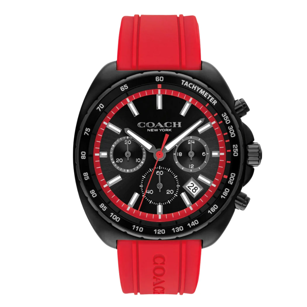 Coach Red Silicone Strap Black Dial Chronograph Quartz Watch for Gents - 14602710