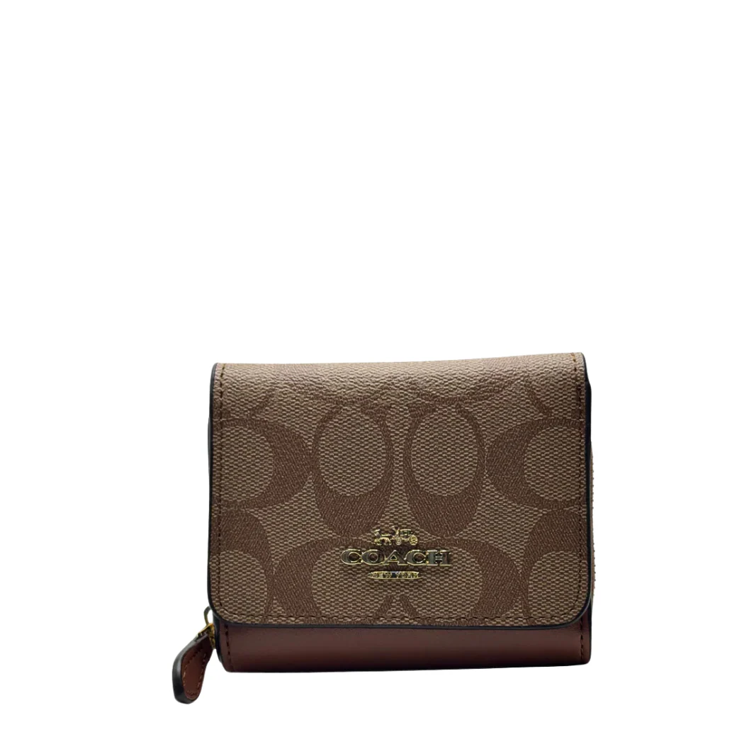 Coach Small Trifold Wallet In Signature Canvas Khaki Saddle - C7331