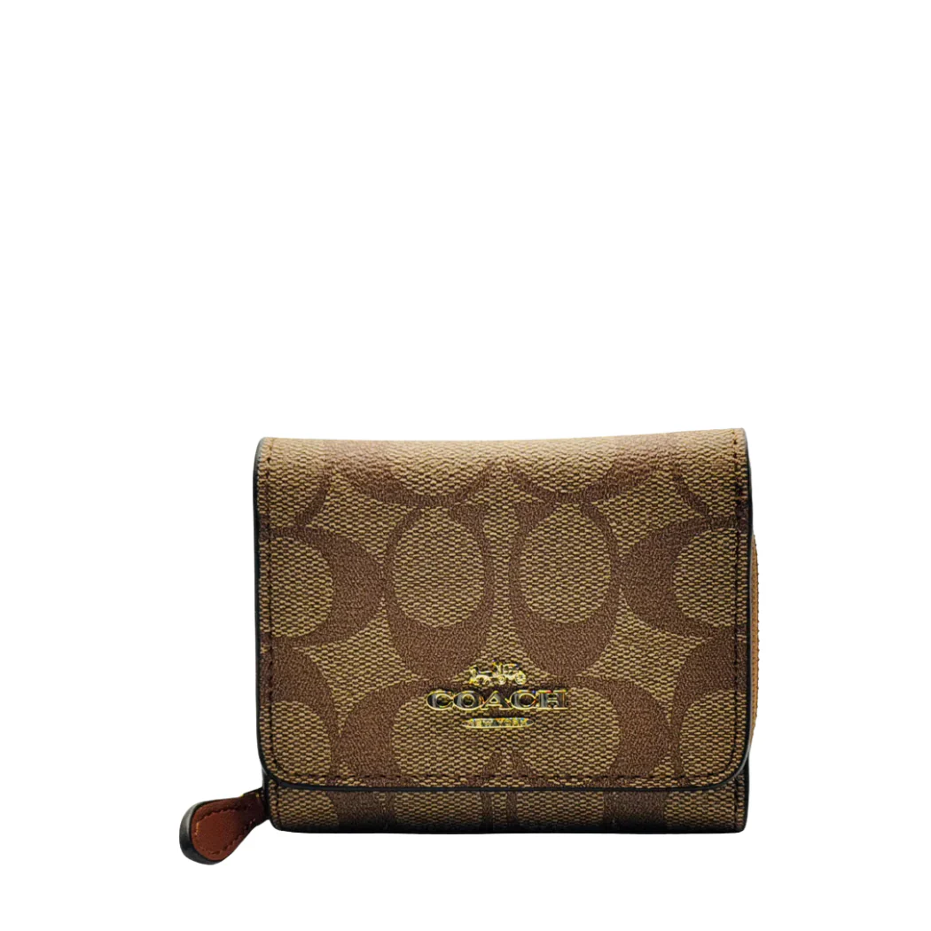 Coach Small Trifold Wallet in Signature Canvas Khaki Saddle - F41302