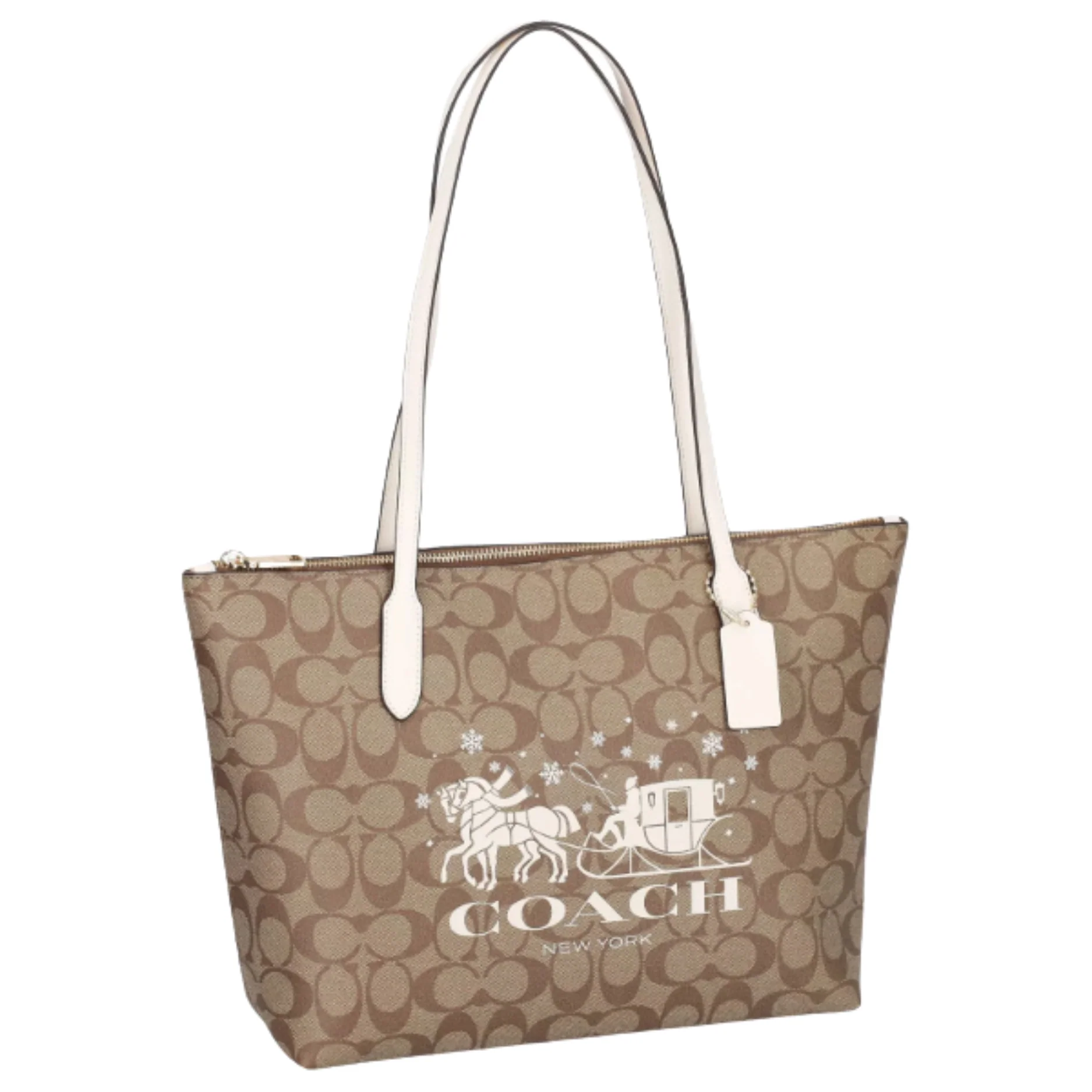 Coach Zip Top Tote Bag In Signature Brown Canvas Leather With Horse And Sleigh - CN626
