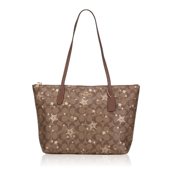 Coach Zip Top Tote Bag In Signature Brown Canvas Leather With Star And Snowflake Print - CN671