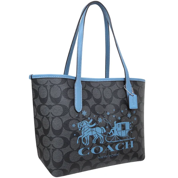 Coach Zip Top Tote Bag In Signature Graphite Light Mist Canvas Leather With Horse And Sleigh - CN626 - Image 2