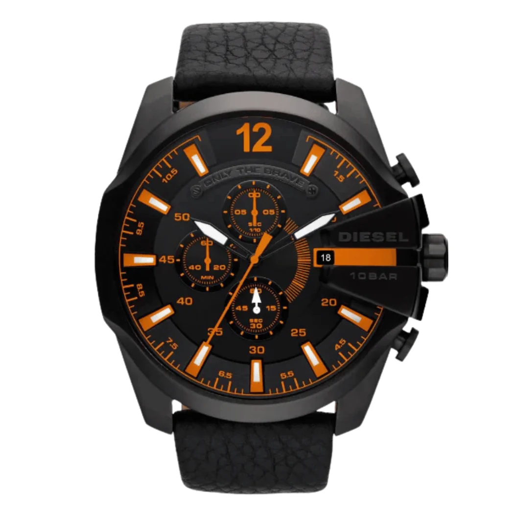 Diesel Mega Chief Black Leather Strap Black Dial Chronograph Quartz Watch for Gents - DZ4291