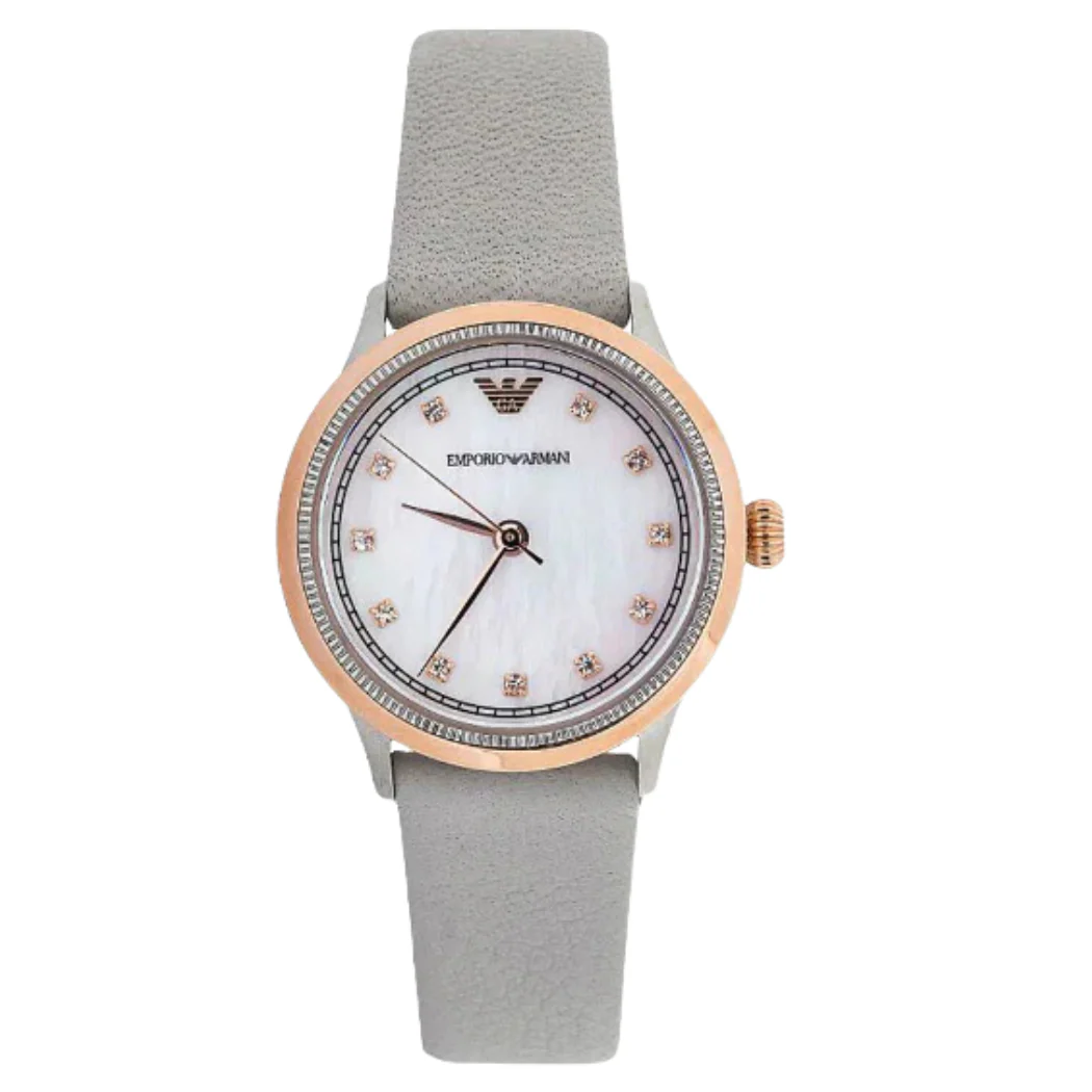 EMPORIO ARMANI Alpha Grey Leather Strap Mother Of Pearl Dial Quartz Watch for Ladies - AR1964