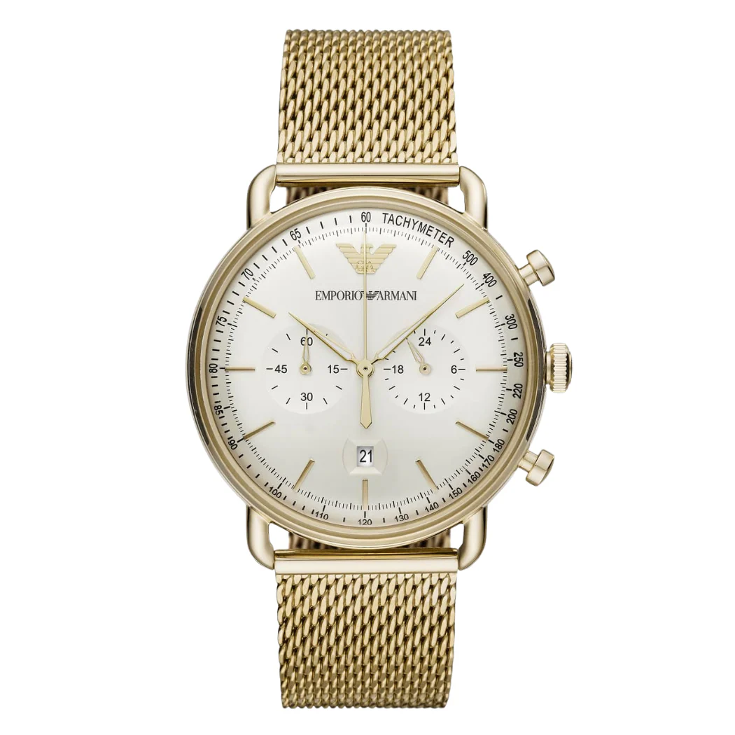 EMPORIO ARMANI Avaitor Gold Mesh Bracelet Cream Dial Quartz Watch for Gents - AR11315