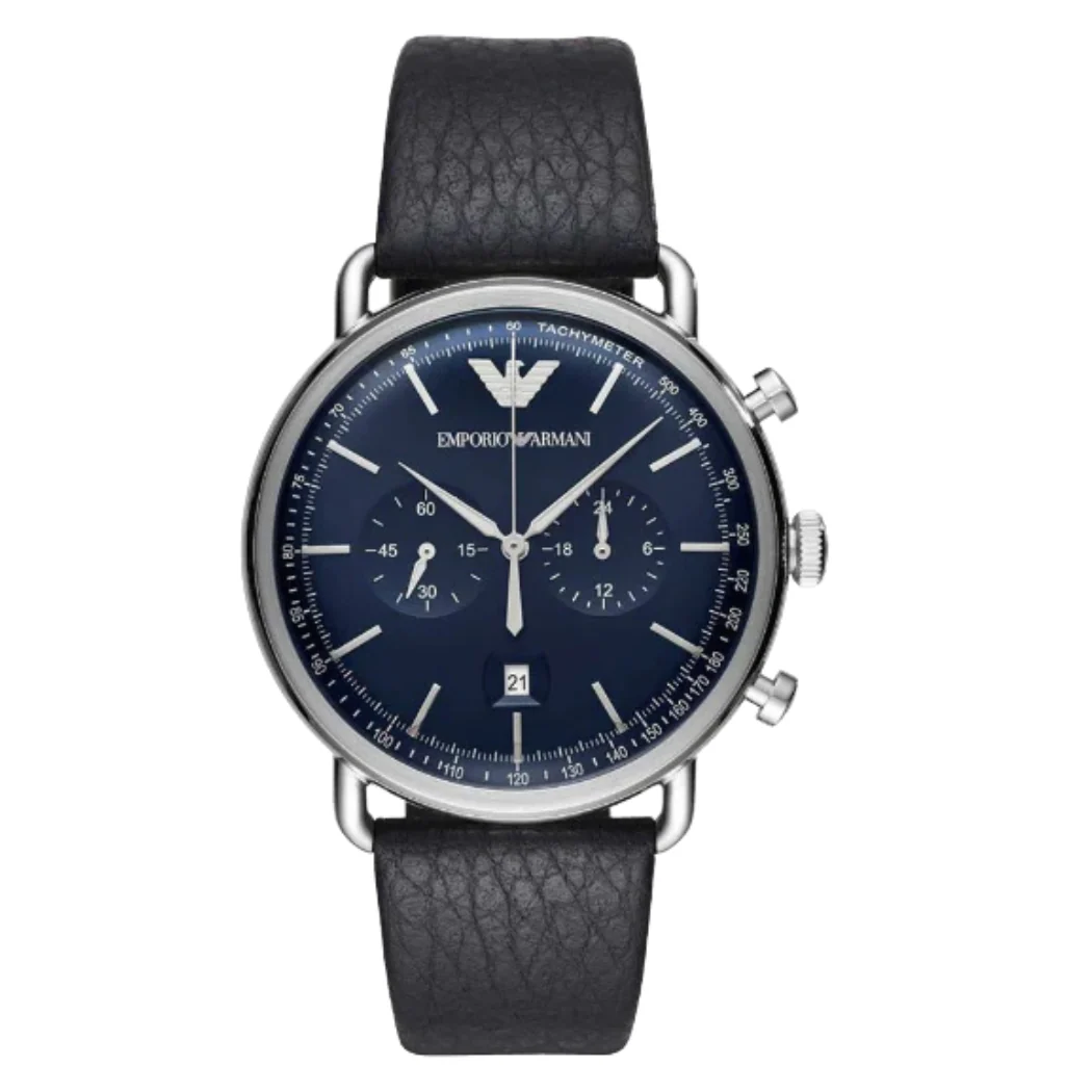 EMPORIO ARMANI Aviator Black Leather Strap Blue Dial Chronograph Quartz Watch for Gents - AR11105