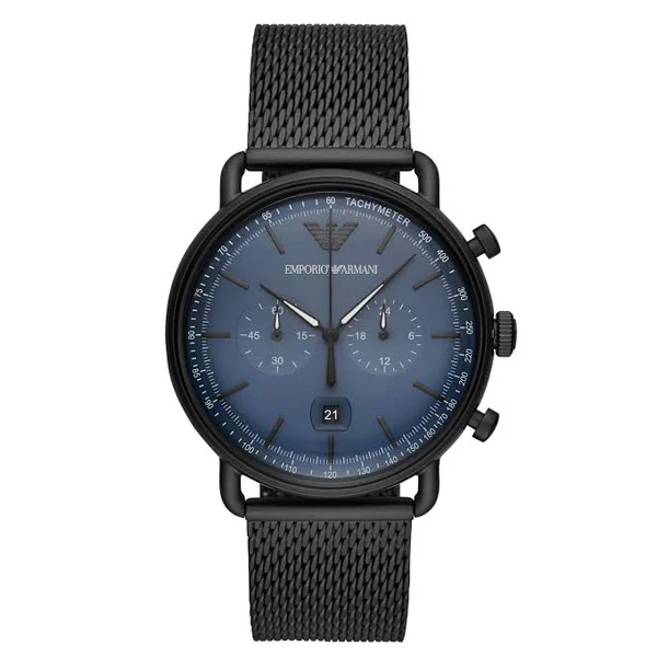 EMPORIO ARMANI Aviator Black Mesh Bracelet Blue Dial Chronograph Quartz Watch for Gents - AR11201