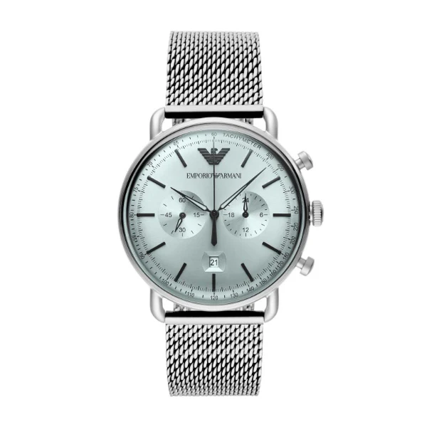 EMPORIO ARMANI Aviator Silver Mesh Bracelet Silver Dial Chronograph Quartz Watch for Gents - EMPORIO ARMANI AR 11288