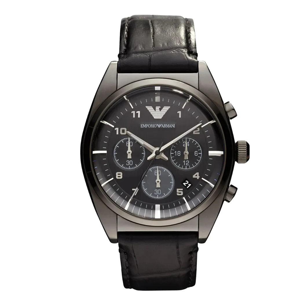 Emporio Armani Black Leather Strap Black Dial Chronograph Quartz Watch for Gents - AR0393