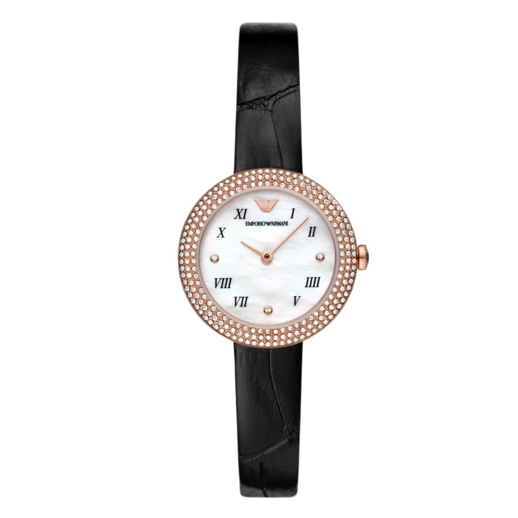 Emporio Armani Black Leather Strap Mother Of Pearl Dial Quartz Watch for Ladies - AR11356
